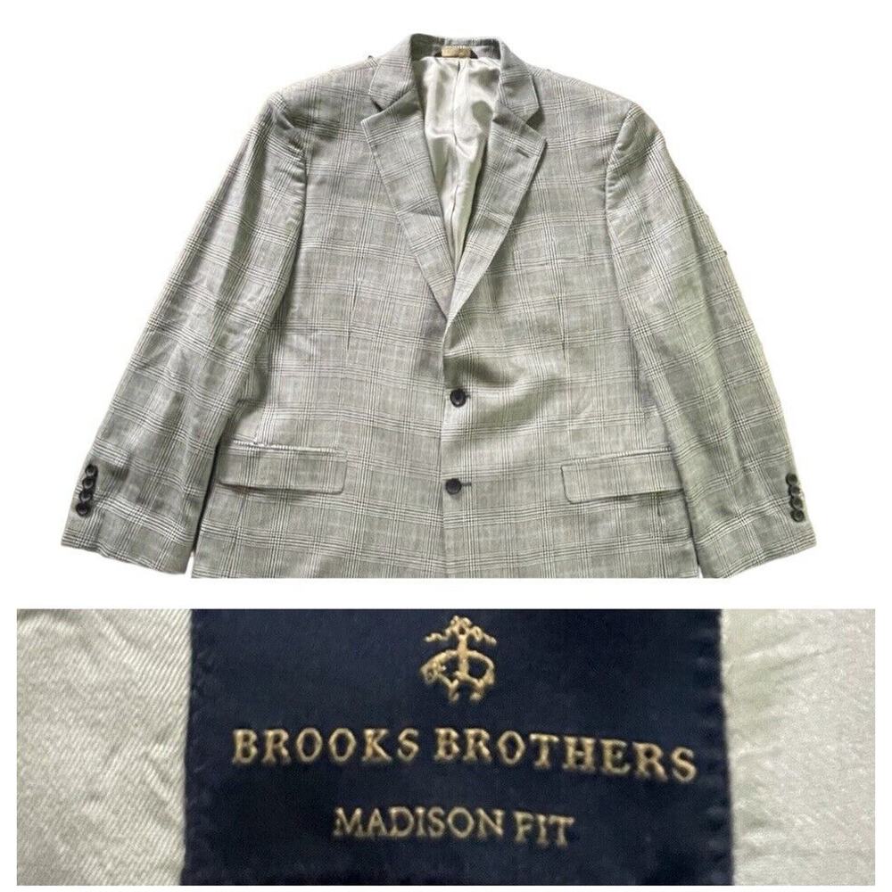 Brooks Brothers Madison Fit Sport Coat Jacket Wool Overcheck Gray & Blue 46R Men